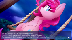 Size: 1920x1080 | Tagged: safe, artist:dshou, pinkie pie, earth pony, pony, semi-anthro, g4, dialogue, female, mare, open mouth, sitting, solo, swing, visual novel, yet another pinkie blog