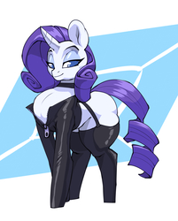 Size: 819x1017 | Tagged: safe, artist:bigdad, rarity, pony, unicorn, g4, choker, clothes, female, garter belt, jacket, leather jacket, lidded eyes, puffed chest, smiling, socks, solo, thigh highs