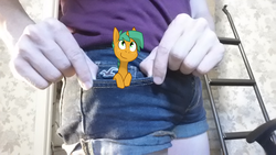 Size: 1280x720 | Tagged: safe, artist:kryptchild, snails, human, g4, cute, diasnails, glitter shell, hand, holding, irl, irl human, photo, pocket, pocket pony, ponies in real life, solo, tiny, tiny ponies