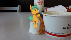 Size: 1280x720 | Tagged: safe, artist:kryptchild, snails, pony, g4, arby's, cute, diasnails, eating, food, french fries, glitter shell, irl, photo, ponies in real life, sitting, solo