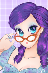 Size: 1000x1500 | Tagged: safe, artist:grrump, rarity, human, g4, clothes, dress, female, glasses, humanized, nail polish, signature, solo, starry eyes, wingding eyes