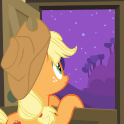 Size: 502x502 | Tagged: safe, screencap, applejack, earth pony, pony, apple family reunion, g4, season 3, animated, cropped, feels, female, gif, hat, implied bright mac, implied pear butter, looking up, loop, mare, my parents are dead, night, perfect loop, shooting star, solo
