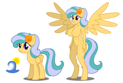 Size: 1513x1022 | Tagged: safe, artist:flash equestria photography, oc, oc only, oc:pacific breeze, pegasus, anthro, unguligrade anthro, anthro ponidox, barbie doll anatomy, belly button, big breasts, breasts, cutie mark, female, flower, flower in hair, reference sheet, show accurate anthro, simple background, spread wings, wings