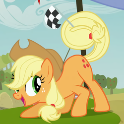 Size: 627x627 | Tagged: safe, screencap, applejack, earth pony, pony, apple family reunion, g4, cropped, female, flag, happy, hat, mare, open mouth, solo, tail hold