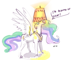 Size: 2088x1728 | Tagged: safe, artist:alumx, princess celestia, alicorn, pony, g4, dialogue, female, glowing horn, happy, hat, horn, lampshade, lampshade hat, mare, sillestia, silly, silly pony, simple background, solo, white background