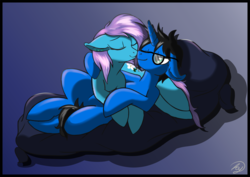 Size: 5924x4204 | Tagged: safe, artist:roy, oc, oc only, oc:roxy impelheart, oc:solid state, earth pony, pony, unicorn, absurd resolution, cuddling, cutie mark, ear piercing, glasses, nuzzling, oc x oc, one eye closed, piercing, shipping