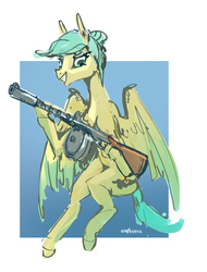 Size: 1400x1840 | Tagged: safe, artist:alumx, oc, oc only, oc:venti via, pegasus, pony, flying, grin, gun, machine gun, smiling, solo, tommy gun, weapon