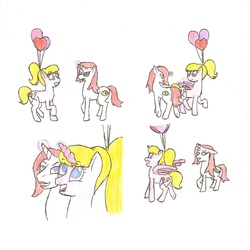 Size: 1700x1700 | Tagged: safe, artist:thelovelyvocal, oc, oc only, oc:lola balloon, oc:vocal love, alicorn, earth pony, pony, unicorn, balloon, balloon horn, balloon wings, cutie mark, magic, race swap, squeaky, transformation, transformation sequence