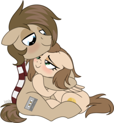 Size: 1024x1104 | Tagged: safe, artist:kellythedrawinguni, oc, oc only, oc:honey drop, oc:tape loops, pegasus, pony, blushing, clothes, female, hug, looking at each other, male, mare, scarf, simple background, smiling, stallion, transparent background