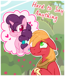 Size: 660x768 | Tagged: safe, artist:esmeia, big macintosh, sugar belle, earth pony, pony, g4, hard to say anything, blushing, colored pupils, cute, female, floppy ears, freckles, heart, horse collar, male, mare, ship:sugarmac, shipping, stallion, story included, straight, title card, unshorn fetlocks