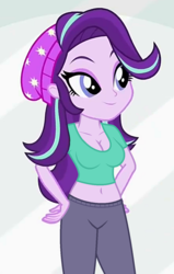 Size: 446x700 | Tagged: safe, edit, edited screencap, editor:ah96, screencap, starlight glimmer, equestria girls, equestria girls specials, g4, my little pony equestria girls: mirror magic, beanie, belly button, breast edit, breasts, busty starlight glimmer, cleavage, clothes, cropped, female, hat, midriff, partially undressed, short shirt, solo