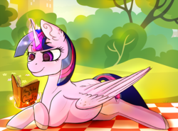 Size: 2700x2000 | Tagged: safe, artist:isorrayi, twilight sparkle, alicorn, pony, g4, book, ear fluff, female, high res, magic, mare, picnic blanket, preglight sparkle, pregnant, prone, reading, smiling, solo, story in the source, twilight sparkle (alicorn)