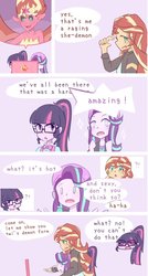 Size: 645x1200 | Tagged: safe, artist:yuck, sci-twi, starlight glimmer, sunset shimmer, twilight sparkle, demon, equestria girls, g4, amazed, beanie, blushing, comic, computer, dialogue, female, glasses, hat, laptop computer, pink background, simple background, speech bubble, starry eyes, sunset satan, text, trio, wingding eyes
