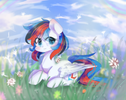 Size: 1112x882 | Tagged: safe, artist:windymils, oc, oc only, oc:retro city, pegasus, pony, blushing, female, flower, mare, prone, solo