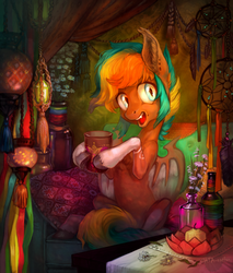 Size: 1710x2009 | Tagged: safe, artist:natanatfan, oc, oc only, bat pony, pony, candle, flower, mug, solo