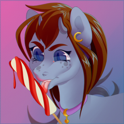 Size: 500x500 | Tagged: safe, artist:pyanse, oc, oc only, oc:raven eve'hart, pony, bust, food, gradient background, ice cream, licking, portrait, slit pupils, solo, tongue out, ych result