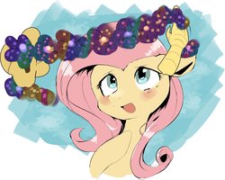 Size: 2388x1907 | Tagged: safe, artist:yajima, discord, fluttershy, g4, blushing, disembodied hand, floral head wreath, flower, hand, solo focus, wreath