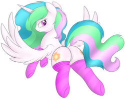 Size: 2128x1691 | Tagged: dead source, safe, artist:php66, princess celestia, alicorn, pony, g4, butt, clothes, dock, featureless crotch, looking back, plot, simple background, socks, solo, striped socks, transparent background