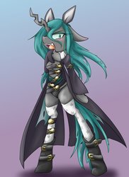 Size: 1200x1650 | Tagged: safe, artist:azurepicker, queen chrysalis, changeling, changeling queen, vampire, anthro, semi-anthro, unguligrade anthro, g4, arm hooves, bipedal, black underwear, bravely default, breasts, cape, clothes, female, gradient background, looking at you, open mouth, raised hoof, simple background, solo, underwear