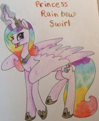 Size: 1533x1875 | Tagged: safe, artist:scratchdixie, oc, oc only, alicorn, pony, alicorn oc, eyelashes, female, glowing horn, horn, jewelry, mare, one eye closed, open mouth, rainbow hair, regalia, solo, traditional art, wink