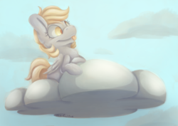 Size: 7016x4961 | Tagged: safe, artist:cutepencilcase, derpy hooves, pegasus, pony, g4, absurd resolution, chest fluff, cloud, female, mare, solo, tongue out