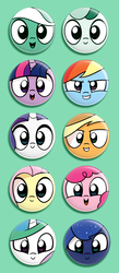 Size: 977x2240 | Tagged: safe, artist:dori-to, applejack, bon bon, fluttershy, lyra heartstrings, pinkie pie, princess celestia, princess luna, rainbow dash, rarity, sweetie drops, twilight sparkle, earth pony, pony, comic:silly lyra, g4, advertisement, button, looking at you, silly lyra, smiling