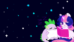 Size: 1920x1080 | Tagged: safe, artist:kotoink, spike, twilight sparkle, alicorn, dragon, pony, g4, book, chibi, cute, mama twilight, night, pillow, sleeping, spikabetes, spikelove, twiabetes, twilight sparkle (alicorn)