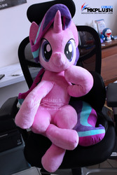 Size: 3456x5184 | Tagged: safe, artist:nekokevin, starlight glimmer, pony, unicorn, series:nekokevin's glimmy, g4, chair, dutch angle, hoof on chin, irl, life size, lightly watermarked, looking at you, photo, plushie, raised hoof, solo, watermark