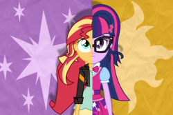 Size: 12000x8000 | Tagged: safe, alternate version, artist:spottedlions, sci-twi, sunset shimmer, twilight sparkle, two sided posters, equestria girls, g4, absurd resolution, clothes, duo, glasses, jacket, shirt, split screen, two sides, vest