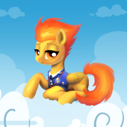 Size: 600x600 | Tagged: safe, artist:piripaints, spitfire, pegasus, pony, g4, clothes, cloud, female, lidded eyes, looking at you, mare, prone, sky, smiling, solo, uniform, wonderbolts dress uniform