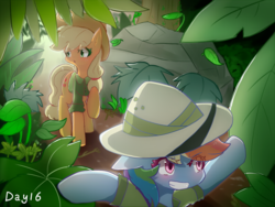 Size: 1400x1050 | Tagged: safe, artist:irenla, applejack, rainbow dash, earth pony, pony, g4, bottomless, clothes, cowboy hat, duo, explorer outfit, female, hat, jungle, lesbian, mare, partial nudity, raised hoof, ship:appledash, shipping, smiling, stetson