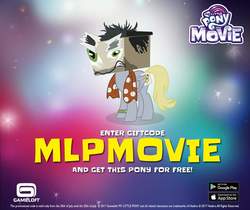 Size: 940x788 | Tagged: safe, gameloft, derpy hooves, doctor caballeron, pegasus, pony, g4, my little pony: the movie, official, stranger than fan fiction, box, cardboard box, clothes, cosplay, costume, doctor cardboarderon, fake cutie mark, female, gift code, giftcode, mare, my little pony: the movie logo, san diego comic con, scarf, solo