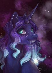 Size: 1150x1600 | Tagged: safe, artist:alina-sherl, oc, oc only, pony, unicorn, female, gradient mane, mare, mouth hold, smiling, solo, stars