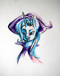 Size: 3752x4703 | Tagged: safe, artist:heylookitsmyart, trixie, pony, unicorn, bust, cape, clothes, female, grin, hat, lidded eyes, mare, portrait, simple background, smiling, smirk, solo, traditional art, trixie's cape, trixie's hat, white background
