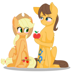 Size: 793x813 | Tagged: safe, artist:written145, applejack, caramel, pony, g4, apple, female, food, male, ship:carajack, shipping, simple background, straight, transparent background