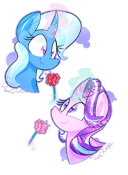 Size: 2875x3900 | Tagged: safe, artist:lynchristina, starlight glimmer, trixie, pony, unicorn, g4, female, high res, lesbian, levitation, magic, mare, ship:startrix, shipping, simple background, smiling, telekinesis, transparent background