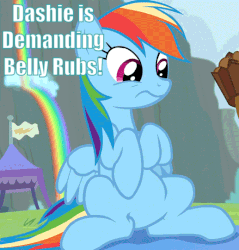 Size: 517x540 | Tagged: safe, screencap, rainbow dash, pegasus, pony, g4, rainbow falls, :t, animated, belly, bellyrub request, bellyrubs, bronybait, cute, dashabetes, female, floppy ears, frown, gif, image macro, looking up, mare, meme, open mouth, sitting, smiling, text, waving, wavy mouth