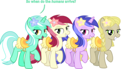 Size: 7031x4000 | Tagged: safe, artist:sollace, lyra heartstrings, offbeat, roseluck, sea swirl, seafoam, earth pony, pony, unicorn, g4, background pony, bedroom eyes, clothes, female, humie, implied human, looking at you, mare, pony wears the saddle, saddle, show accurate, simple background, smiling, tack, text, transparent background, vector