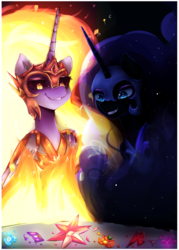 Size: 1000x1400 | Tagged: safe, artist:nutellaakanutella, daybreaker, nightmare moon, alicorn, pony, a royal problem, g4, broken, elements of harmony, evil smile, female, grin, mare, siblings, sisters, smiling, xk-class end-of-the-world scenario