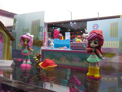 Size: 960x720 | Tagged: safe, angel bunny, fluttershy, opalescence, roseluck, winona, dog, turtle, equestria girls, g4, doll, equestria girls minis, irl, photo, sdcc 2017, standing, toy