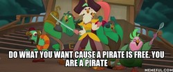 Size: 600x250 | Tagged: safe, edit, edited screencap, screencap, boyle, captain celaeno, lix spittle, mullet (g4), squabble, parrot pirates, anthro, g4, my little pony: the movie, image macro, lazytown, meme, memeful.com, pirate, time to be awesome, you are a pirate