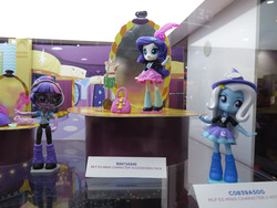 Size: 960x720 | Tagged: safe, rarity, trixie, twilight sparkle, equestria girls, g4, call center, doll, equestria girls minis, irl, mirror, photo, sdcc 2017, toy