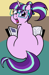 Size: 1166x1758 | Tagged: safe, artist:/d/non, starlight glimmer, pony, unicorn, g4, 30 minute art challenge, adorkable, angry, book, braces, butt, chubby, cute, dork, female, filly, filly starlight glimmer, freckles, glasses, looking back, nerd, plot, sitting, solo, younger