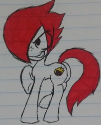 Size: 1149x1417 | Tagged: safe, derpibooru exclusive, oc, oc only, oc:comet trail, pony, grin, lined paper, male, red mane, smiling, solo, traditional art, white coat