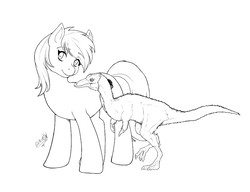 Size: 1000x768 | Tagged: safe, artist:dslycaon, roseluck, dinosaur, pony, g4, monochrome, mononykus olecranus