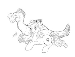 Size: 1000x768 | Tagged: safe, artist:dslycaon, tree hugger, dinosaur, earth pony, feathered dinosaur, oviraptor, pony, g4, animal, black and white, duo, female, grayscale, mare, monochrome, prone, simple background, white background