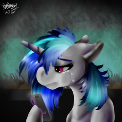 Size: 1200x1200 | Tagged: safe, artist:brainiac, dj pon-3, vinyl scratch, pony, unicorn, g4, cellphone, crying, female, floppy ears, lesbian, mare, phone, shipping, solo, song reference, wasteland wailers