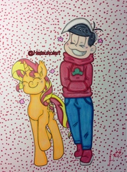 Size: 949x1280 | Tagged: safe, artist:hatsukoiart, sunset shimmer, human, pony, unicorn, g4, blushing, crossover, grin, osomatsu, osomatsu-san, smiling, traditional art