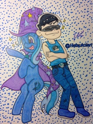 Size: 959x1280 | Tagged: safe, artist:hatsukoiart, trixie, human, pony, unicorn, g4, blushing, crossover, karamatsu, one eye closed, osomatsu-san, smiling, traditional art, wink