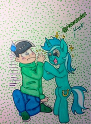 Size: 943x1280 | Tagged: safe, artist:hatsukoiart, lyra heartstrings, human, pony, unicorn, g4, blushing, choromatsu, crossover, osomatsu-san, smiling, traditional art